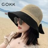 COKK Summer Hats For Women Knitted Breathable Foldable Sun Hat With Bow Sun Protection Sunshade Korean Beach Hat Cap Travel New