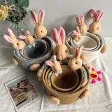 Cute Cartoon Bear And Bunny Cotton Rope Storage Basket For Hair Clips Jewelry And Sundries Table Decor For Kids Girls Easter