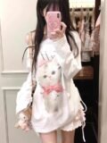 Cute Cat White Oversize Long sleeve T shirt Women Casual Off shoulder Tops Spring Fall Basic Tees Korean Gentle Female
