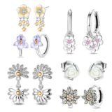 Delicate 925 Sterling Silver White Rose & Small Yellow Flowers Stud Earrings For Beautiful and Elegant Jewelry Gift