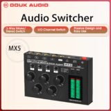 Douk Audio MX5 4-Channel Mixer Ultra Low-Noise Stereo/Mono Line Mixer Dual LED Level Meter for Club/Bar/Studio DC5V