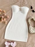 Elegant Knitted Women’s Dress Pure Color Holiday Style with Metal Starfish Decoration Strapless Slim Fit Gown