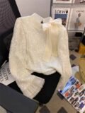 Elegant Sequined Bow Blouse Women Autumn Korean Chic Flared Sleeve Patchwork Pullover Female Baggy O Neck All Match Crop Shirts