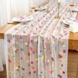 Embroidery Daisy Table Runner Floral Embroidered Lace Tulle Runner Colorful Flower Table Cover for Bridal Shower Birthday Party