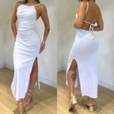 European and American best-selling beach-style halter-neck backless knitted sexy strapless long dress