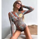 Fashion Mesh Print Swimming Suit for Women Vintage Long Sleeve High Waist One Piece Swimsuit 2025 New Beach Bathing Suit Bikini