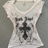 Fashion Vintage V Neck Thin Japanese Harajuku T Shirts Y2k Grunge Punk Print Casual Women Clothes American Subcultural Tops