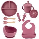 Food Grade Silicone Child Dish Set Baby Feeding Bowl Suction Plate Straw Cup Wooden Spoon Fork for Kids Tableware Toddler Dishes
