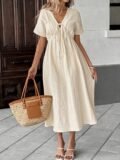French V-neck Lace-up Pleated Dress Women’s Summer Loose Short-sleeved Mid-length Dress Gentle Style Vacation Casual Dress