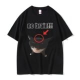 Funny Cat No Brain Graphic Print T Shirts Women Joke Humor Cute Kawaii Meme T-shirts Women Casual Tees Short Sleeve