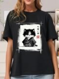 Funny Samurai Cat T Shirt Japanese Art Sumi-e Kawaii Kitten Graphic Unisex Harajuku Streetwear Loose Short Sleeve Summer Tops