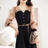 Gentle Style Spliced V-neck Long-sleeved Dress for Women’s Autumn New Slim Temperament Celebrity Fashionable Long Skirt