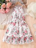 Girls’ Summer Romantic Floral Pattern Spliced Dress ​ ​ Ruffle Hem Belt Casual Vacation Halter Dress
