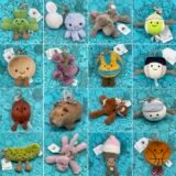 Golf ball plush keychain, grape keychain, jellyfish plush toy, hippopotamus, and plush elephant JC bag keychain.