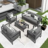 Gray Oversized Metal Patio Furniture Set with 27.5 Deep Seating and 3.2 Wide Armrests, All-Weather Outdoor Cushion Set