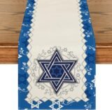Happy Passover Hexagram Linen Table Runner Holiday Party Decor Jewish Star of David Dining Table Runners Passover Decorations