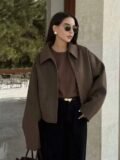 HH Fashion Brown Zipper Woolen Jacket For Women Elegant Lapel Long Sleeve Short Coats Vintage Autumn Lady Street Outerwear