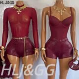 HLJ&GG Sexy Bodycon Spaghetti Strap Bodysuits Two Piece Sets Women V Neck Sleeveless Backless Top + Leather Snake Shorts Outfits