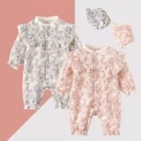 Ink Painting Newborn Baby Girl Jumpsuits Cotton Toddler Girls Onesie Clothes for Spring Autumn Infant Rompers +Hats