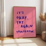 Inspired “It’s Okay To Try Again Tomorrow” Pink Blue Quote Canvas Print Poster Modern Minimalist Art Prints Bedroom Home Decor