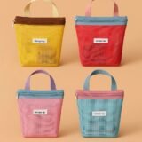 Ins Style Vibrant Bright Color Summer Mesh Tote Bag Small Cosmetic Bag Handbag Foldable Portable Toiletry Bag Women’s Beach Bag