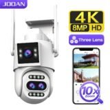 JOOAN 4K 8MP WiFi Surveillance Camera Outdoor Three-Lens Dual Screen Opticial Zoom PTZ IP Camera Auto Tracking CCTV Security Cam