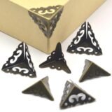 KALASO 20PCS Antique Jewelry Box Corner Wooden Case Protector Bronze Tone Flower Pattern Carved Metal Home Decor Crafts