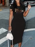 Ladies’ Summer Paris Letter Eiffel Tower Pattern Printed Round Neck Short Sleeve Casual Slimming Sexy Nightclub Fashion Dress
