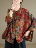 Large Size Spring Cotton Linen Print Button up irt Chinese Sle Tea Costume Retro Chinese Sle Outerwear Women’s irt