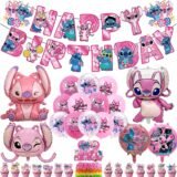 Lilo Stitch Balloons Disney Pink Cartoon Birthday Banner Party Decorations Disposable Tableware Cake Topper Background Stickers