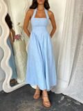 Maxi Dress Spring Summer Women Light Blue Halter Neck Square Neck Linen Casual Elegant Vacation Beach Party Dress