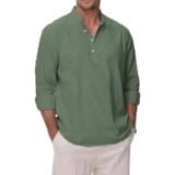 Men’s Cotton Linen Stand Collar Long Sleeve Shirt New Men’s Casual Loose Solid Color Cotton Linen Tops Beach Shirt Daily Wear