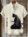 Men’s ink-wash style samurai cat print short-sleeved shirt, stand-up collar casual men’s top, outdoor casual Hawaiian shirt.