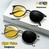 Men Women Round Frame Photochromic Night Vision Sunglasses Retro Ultra-light UV400 Sunglasses Outdoor Driving Riding Glasses