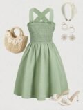 Midi Dress Spring Summer Women Light Green Cross Back Smocked Bust Flowy Casual Chic Vacation Beach Dress