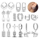 Monochrome 925 Sterling Silver Cross Skull Geometric Double-Ring Snake Pattern Cat Earrings Everyday Gift Pairing