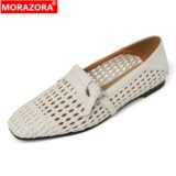 MORAZORA Size 34-40 New Mesh Genuine Leather Shoes Women Sandals Hollow Flat Shoes Fashion Cut Outs Ladies Casual Flats Loafers