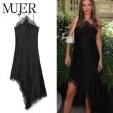 MUJER Black Lace Halter Dress Woman Satin Backless Long Dresses for Women off Shoulder Midi Dress Asymmetric Slip Women’s Dress