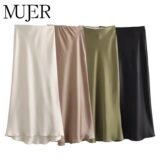 MUJER Woman 2025 Satin Skirt Women High Waist Long Skirts For Women Summer Black Midi Skirt Woman Office Elegant Women’s Skirts
