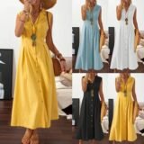 New Dresses 2025 Woman Fashion Lapel A-line Vintage Cotton Linen Long Skirt Women’s Clothing Tops