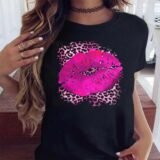New Women Pink Lips Leopard Graphic T Shirt Casual Fahion O-neck Sexy Black Tees Kiss Lip Funny Girls Tshirt,Drop Shipping