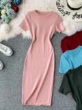 ort Sve Color Knitted Slim Fit Midi Dr round Ne Elastic Waist One Step Skirt Dr Korean Sle Commute Dr