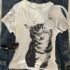 Men’s summer 100% pure cotton cat looking moon graphic print fashionable casual sports loose round neck short sleeved T-shirt