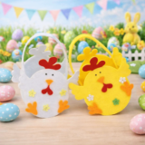 Practical Colorful Easter Felt Basket Cartoon Cute Chicken Tote Bag with Handle Rabbit Egg Basket for Home Decoration