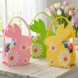 Practical Colorful Easter Felt Basket Cute with Handle Rabbit Egg Basket Cartoon Happy Easter Handbag for Home Decoration