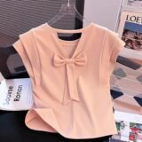 Pure Cotton Back Hollow Bow Tie Slim Crop Short Sleeve T-Shirt Women Summer Unique Top