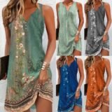PYL Boho Women’s Summer Floral Printed Sleeveless Beach Tank Dress Ladies Holiday Vacation Party Midi Dress Sundresses