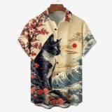 Retro Short Sleeve 3d Print Shirt Summer Casual Fun Hawaiian Ukiyoe Kitten Fishing Shark Print Lapel Short Sleeve Shirt