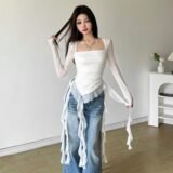 Ruffle Long Sleeve Sexy T-Shirts Fashion Women Y2K Irregular Asymmetrical Korean Crop Tops Casual Sheer Mesh Autumn Chic Tees