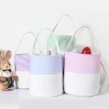 Seersucker Easter Basket Patchwork Candy Gift Storage Tote Bag For Kids Egg Hunting Spring Party Supplies With Handle